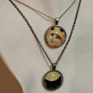 Charming Cat Pendant Necklace Set - Silver and Black